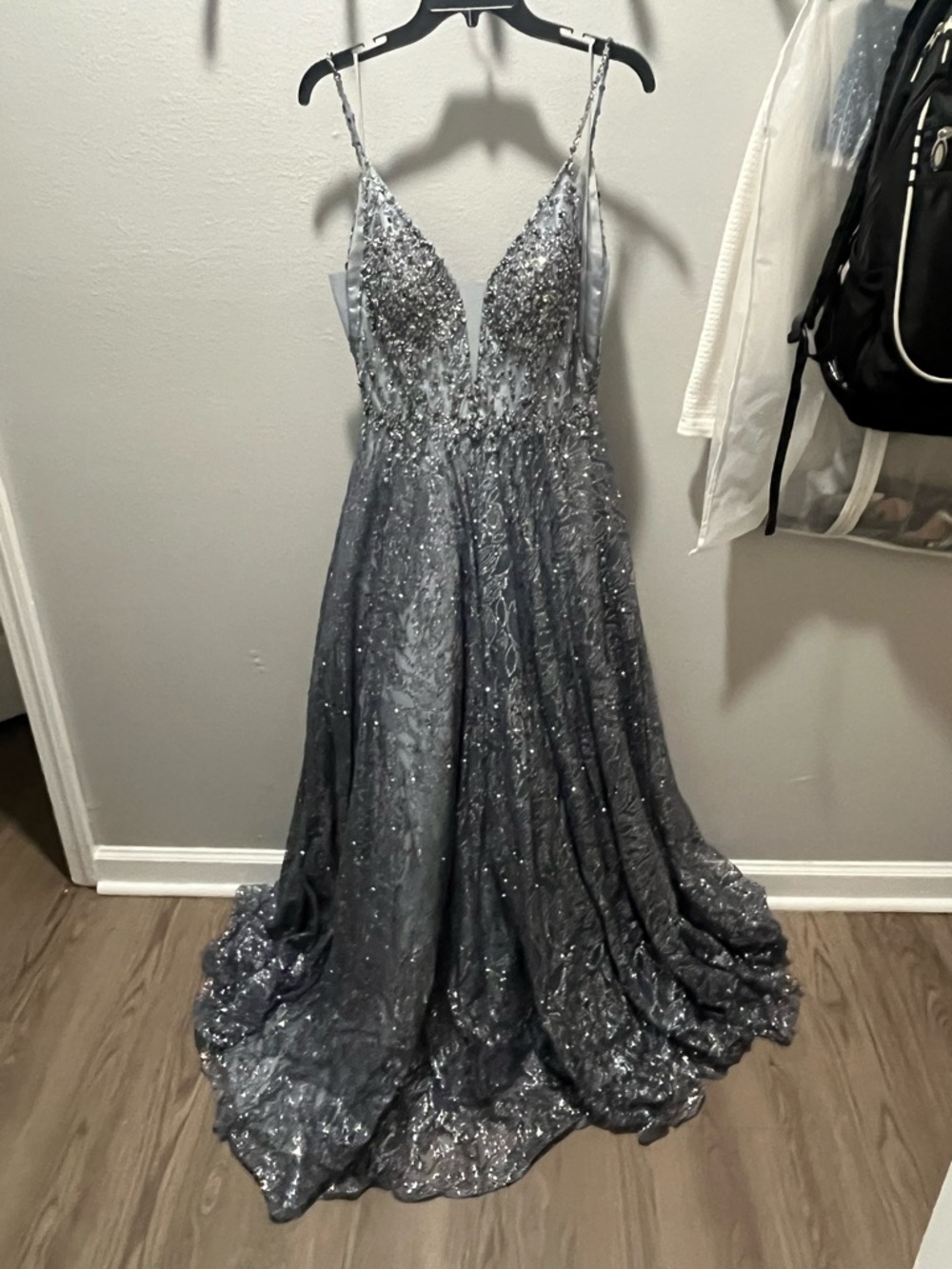 Dusty Blue Silver Sequin Beaded V-Neck Ball Gown